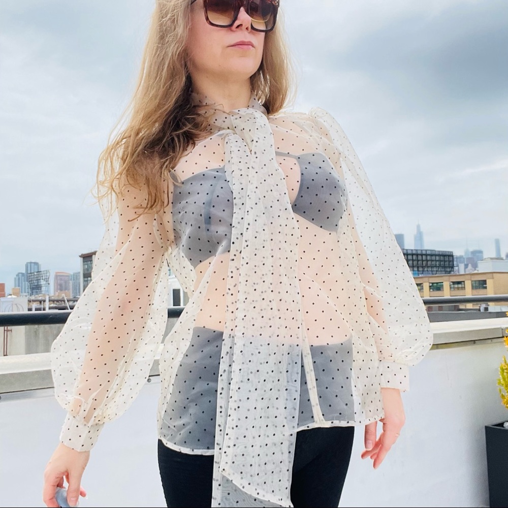 Transparent Polka Dot Puffed Sleeve Shirt Bishop Statement Sleeves Neck Bow